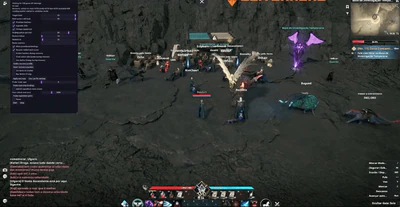 Aion 2 players with glowing wings near a temporary investigation base while cheat leveling settings stay open