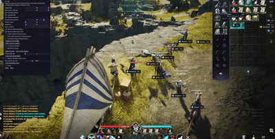 Aion 2 inventory and gem tooltip open while the On task cheat bot manages restock and market options